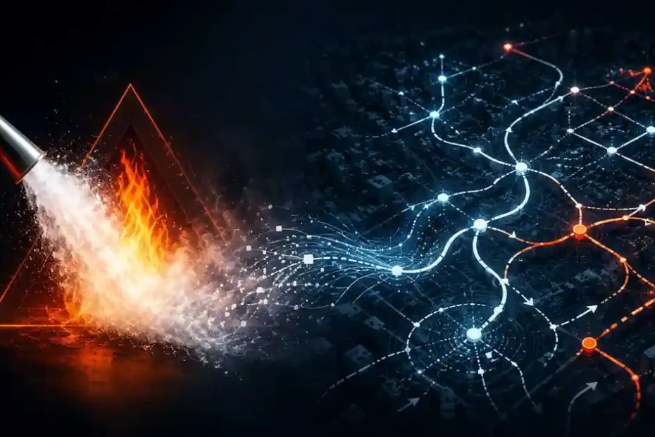Conceptual image showing the extinguisher paradox: a fire being suppressed on one side while an adaptive criminal network reorganizes across a dark city grid on the other.
