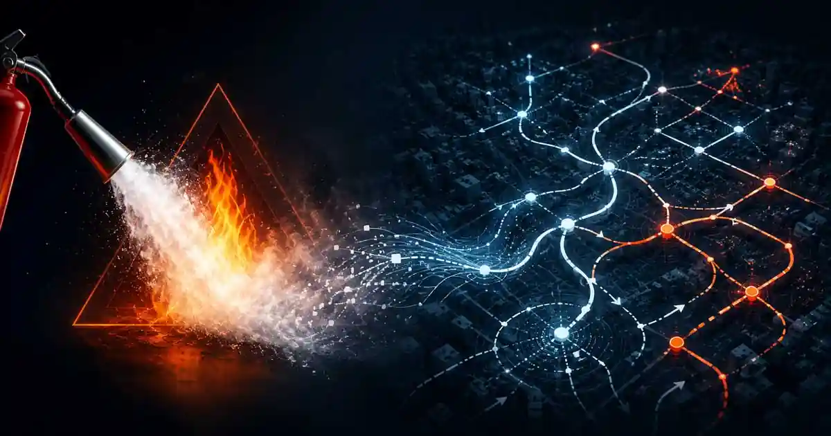 Conceptual image showing the extinguisher paradox: a fire being suppressed on one side while an adaptive criminal network reorganizes across a dark city grid on the other.