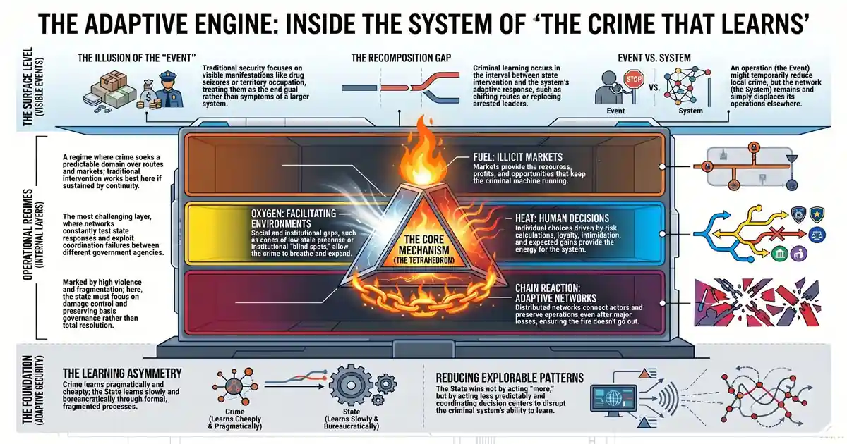 Infographic on The Crime That Learns, showing criminal learning, operational regimes, learning asymmetry, and the Tetrahedron of Criminal Organizations.