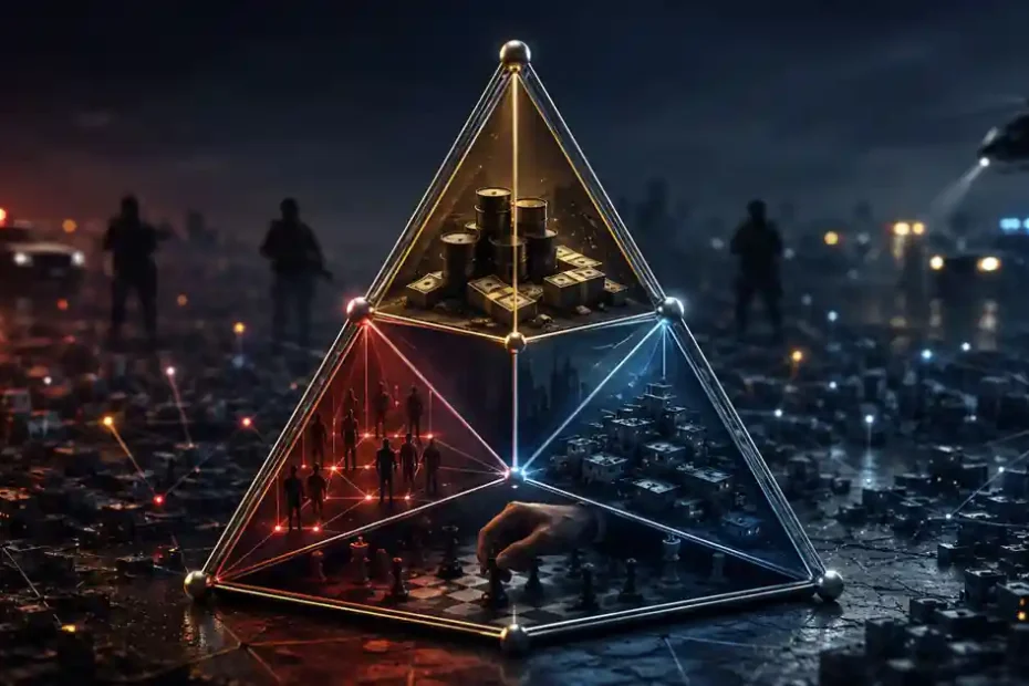 Conceptual image of The Crime That Learns, with a glowing tetrahedron over a city, representing crime as an adaptive system.