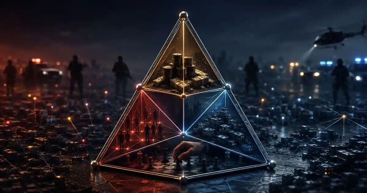 Conceptual image of The Crime That Learns, with a glowing tetrahedron over a city, representing crime as an adaptive system.