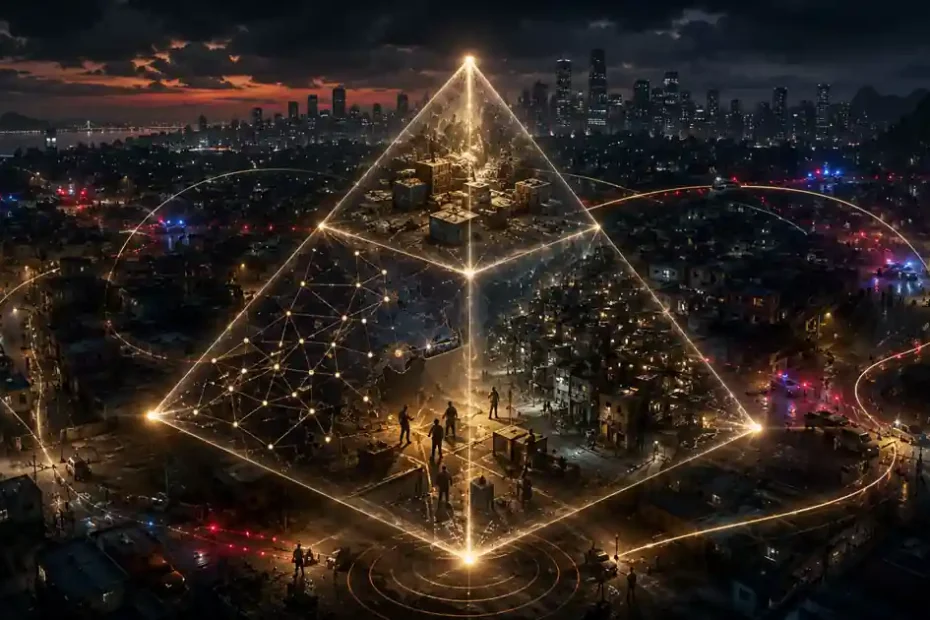 Conceptual image of The Crime That Learns, showing a glowing tetrahedron over a city to represent criminal learning and organized crime as an adaptive system.