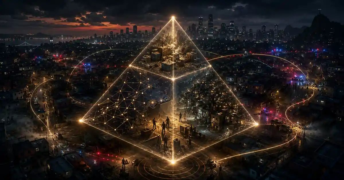 Conceptual image of The Crime That Learns, showing a glowing tetrahedron over a city to represent criminal learning and organized crime as an adaptive system.