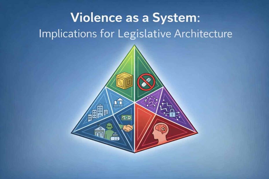 Violence as a System infographic showing the Tetrahedron Model of Criminal Organizations and its implications for legislative architecture