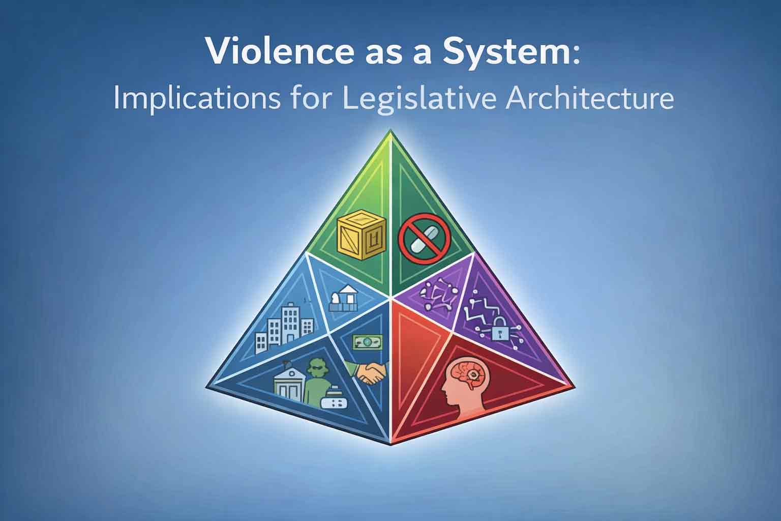 Violence as a System infographic showing the Tetrahedron Model of Criminal Organizations and its implications for legislative architecture