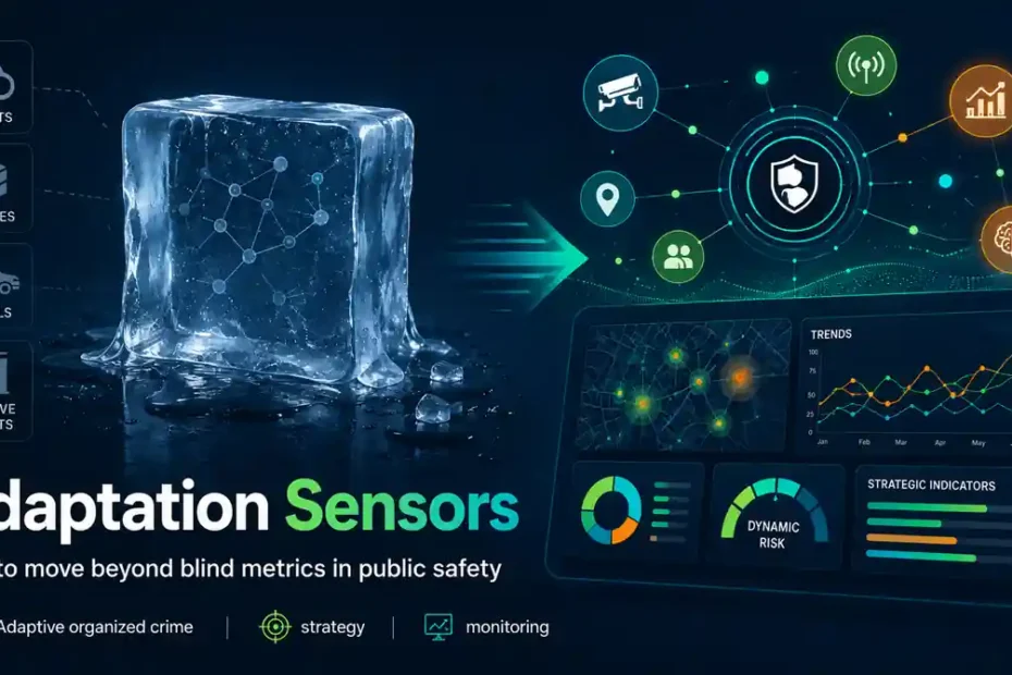 Featured image on adaptation sensors and adaptive crime strategy in public safety, showing the shift from blind metrics to smarter monitoring of adaptive organized crime.