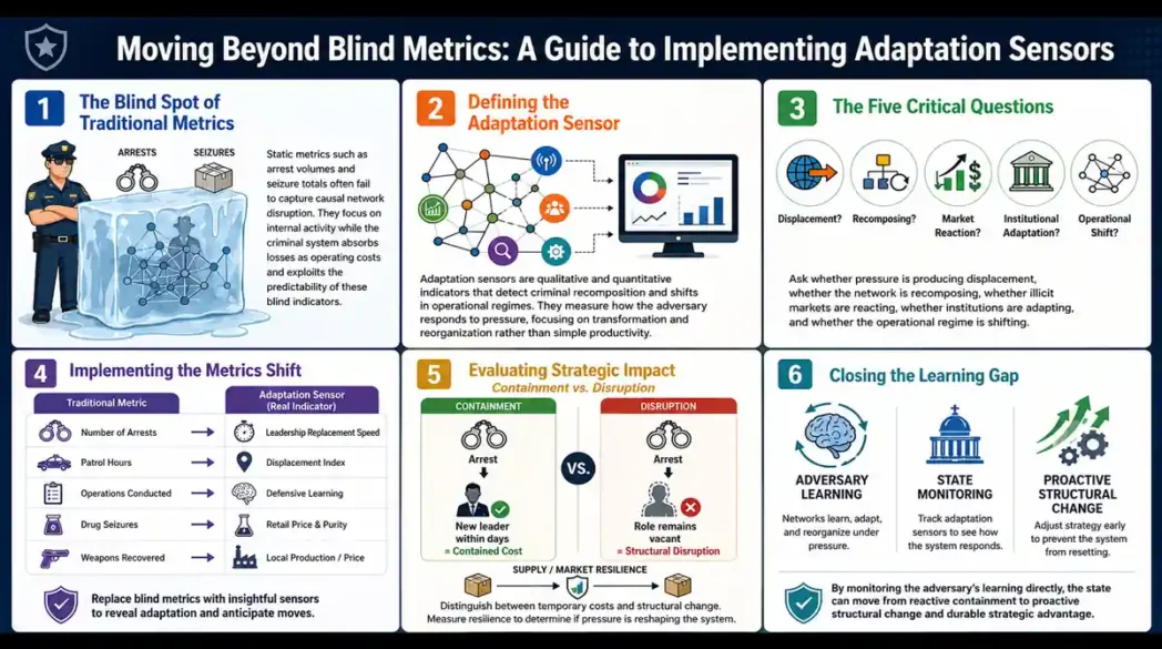 Modern infographic explaining adaptation sensors in public safety, showing how leaders can move beyond blind metrics to detect criminal recomposition, displacement, market reaction, institutional adaptation, and operational shifts.