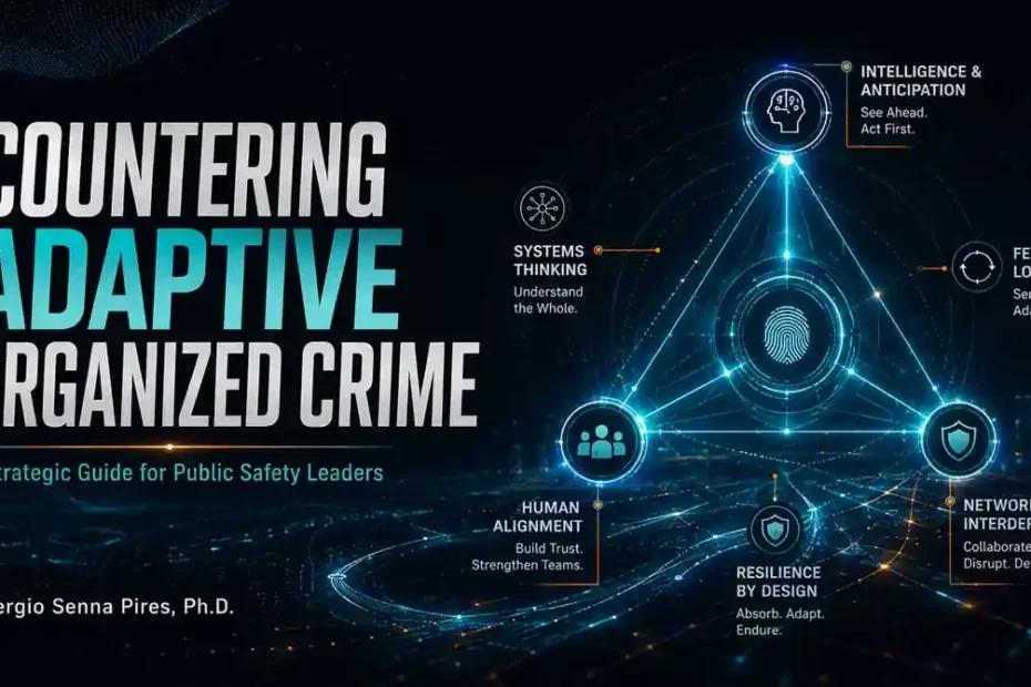 Featured image for Countering Adaptive Organized Crime, showing a systems-based public safety strategy with intelligence, anticipation, feedback loops, network interdependence, and resilience.