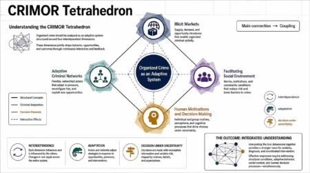 Conceptual diagram of the CRIMOR Tetrahedron showing organized crime as an adaptive system shaped by illicit markets, adaptive criminal networks, facilitating social environments, and human motivations and decision-making.