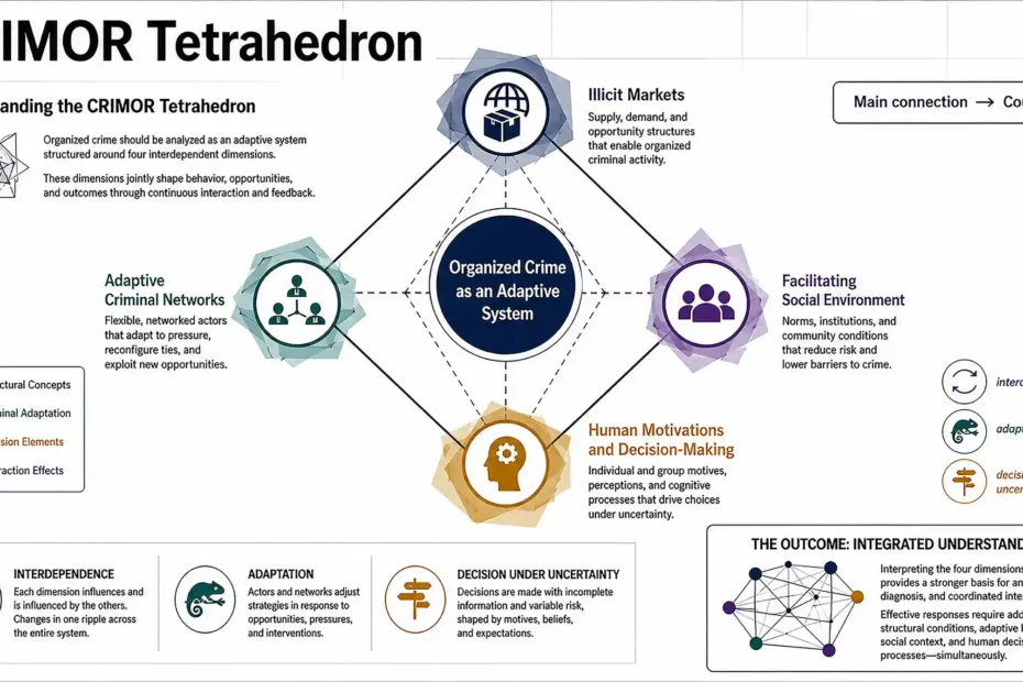 Conceptual diagram of the CRIMOR Tetrahedron showing organized crime as an adaptive system shaped by illicit markets, adaptive criminal networks, facilitating social environments, and human motivations and decision-making.