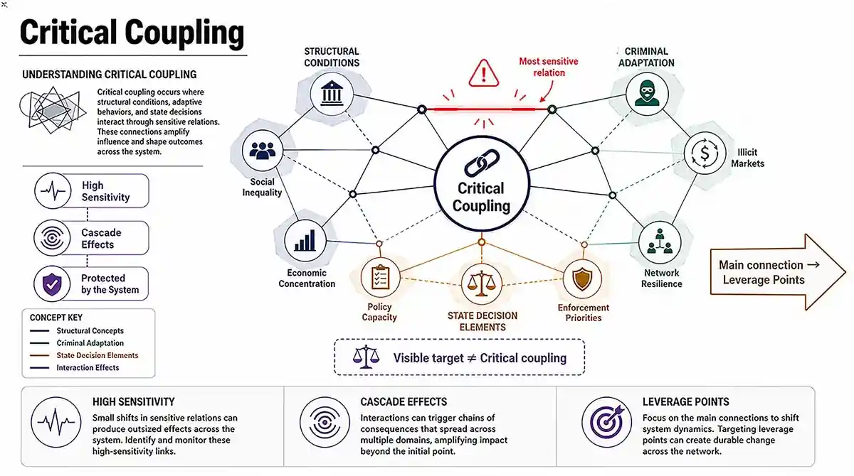 Conceptual diagram showing critical coupling as the most sensitive relation in an adaptive criminal system, linking structural conditions, criminal adaptation, state decision elements, and interaction effects to leverage points.