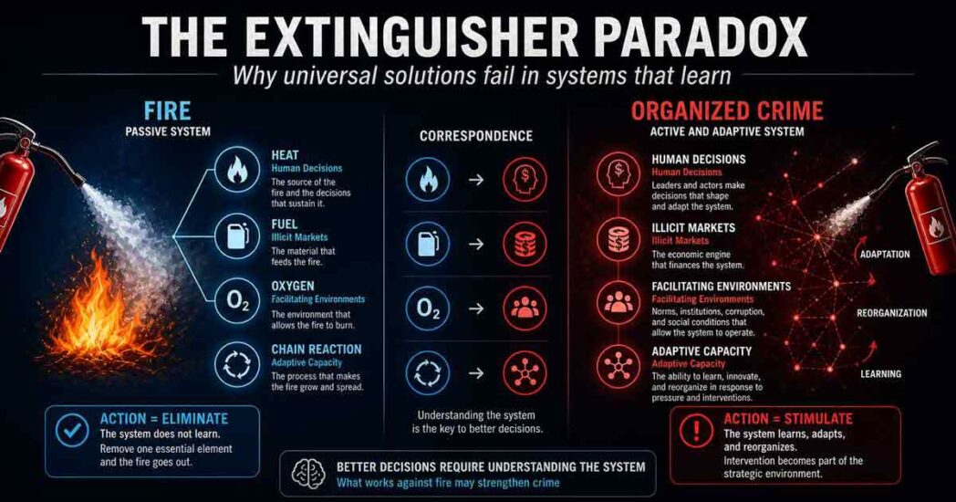 Conceptual comparison between fire as a passive system and organized crime as an active adaptive system, showing why universal solutions can fail when criminal systems learn, adapt, reorganize, and turn intervention into strategic information.