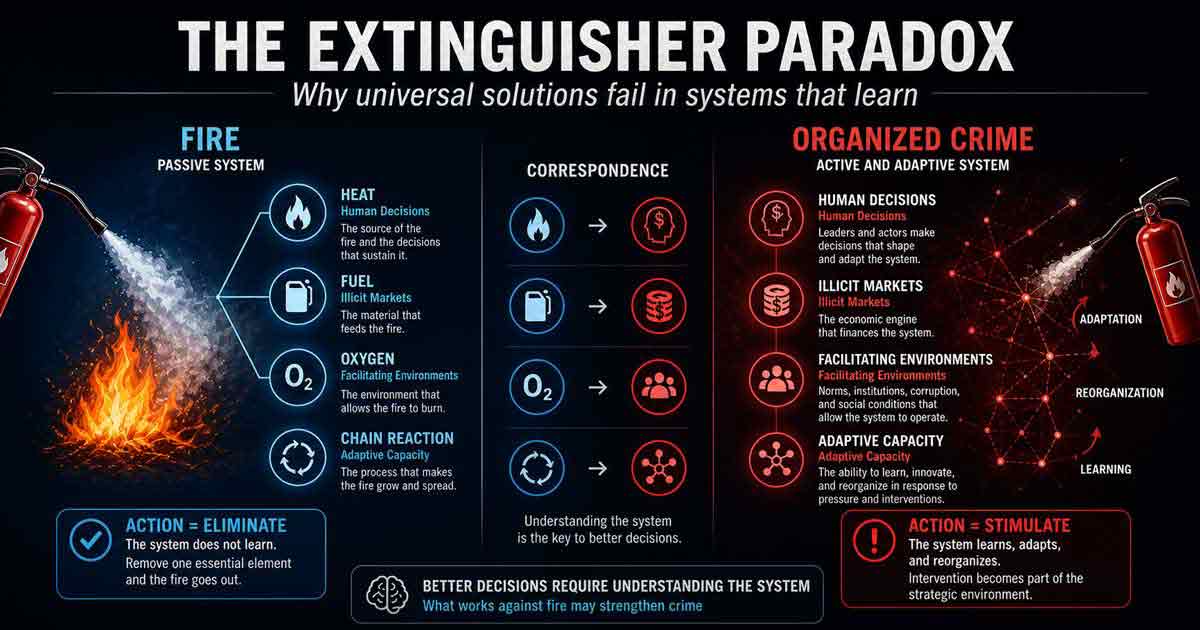 Conceptual comparison between fire as a passive system and organized crime as an active adaptive system, showing why universal solutions can fail when criminal systems learn, adapt, reorganize, and turn intervention into strategic information.