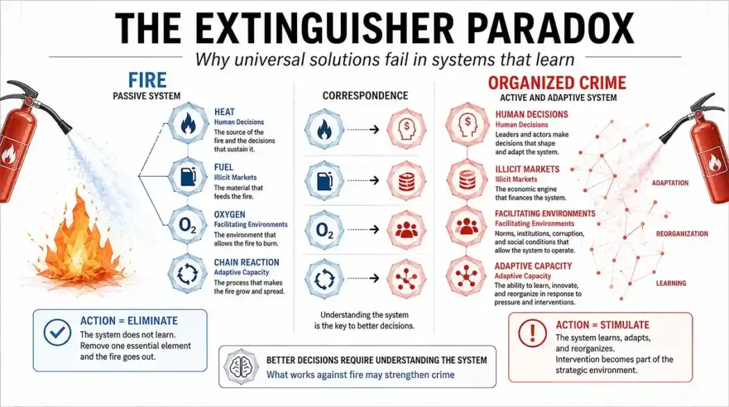 Conceptual comparison between fire as a passive system and organized crime as an active adaptive system, showing why universal solutions can fail when criminal systems learn, adapt, reorganize, and turn intervention into strategic information.