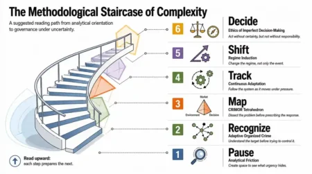The Methodological Staircase of Complexity showing a reading path for adaptive public safety: pause, recognize, map, track, shift, and decide.