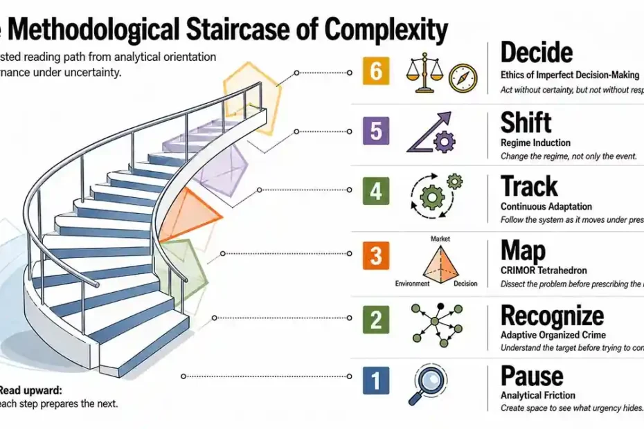 The Methodological Staircase of Complexity showing a reading path for adaptive public safety: pause, recognize, map, track, shift, and decide.