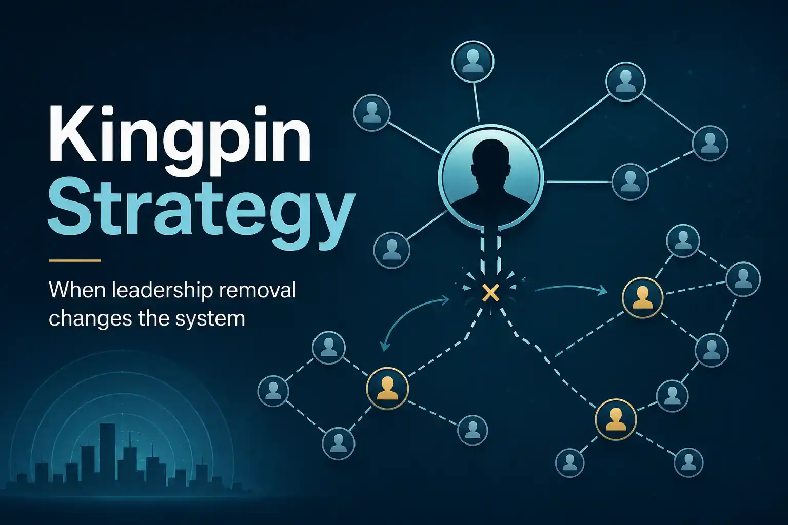 Kingpin Strategy showing the removal of a criminal leader and the network reorganizing through new nodes and connections.