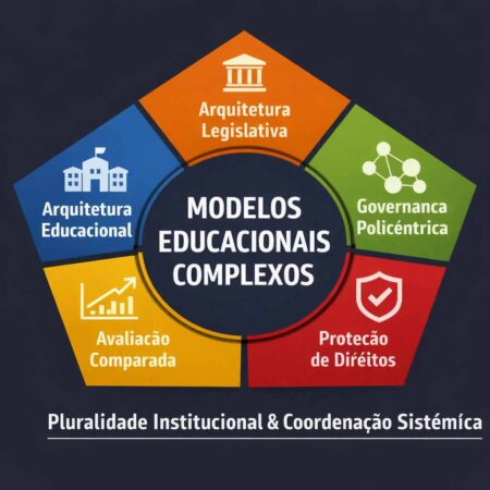 Diagrama dos modelos educacionais complexos com foco em governança educacional, arquitetura legislativa e coordenação sistêmica