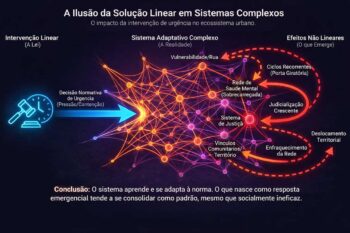 O sistema aprende, mas nem sempre na direção esperada. Ao analisar a complexidade da internação involuntária, identificamos que o risco real não é apenas clínico, mas sistêmico. As setas vermelhas do infográfico mostram o 'efeito bumerangue': sem retaguarda social robusta, a medida de contenção cria uma 'porta giratória' que devolve o indivíduo à vulnerabilidade, muitas vezes em situação mais frágil do que quando entrou