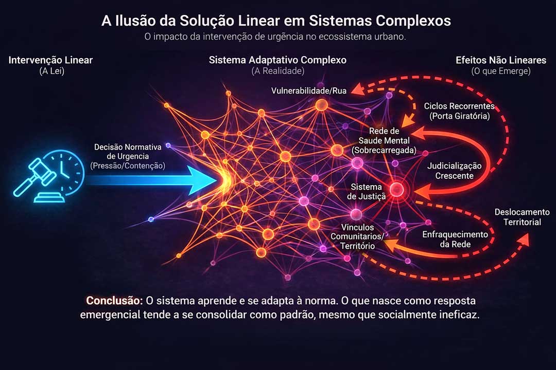 O sistema aprende, mas nem sempre na direção esperada. Ao analisar a complexidade da internação involuntária, identificamos que o risco real não é apenas clínico, mas sistêmico. As setas vermelhas do infográfico mostram o 'efeito bumerangue': sem retaguarda social robusta, a medida de contenção cria uma 'porta giratória' que devolve o indivíduo à vulnerabilidade, muitas vezes em situação mais frágil do que quando entrou
