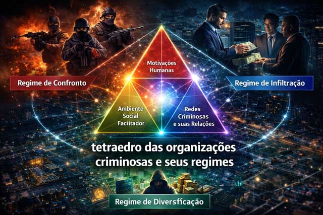 Tetraedro das organizações criminosas e seus regimes mostra como redes ilícitas alternam violência, corrupção e diversificação para sobreviver