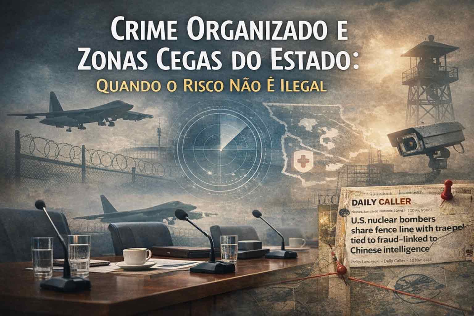 Imagem institucional sobre crime organizado, zonas cegas do Estado e risco territorial estratégico sem ilegalidade penal.