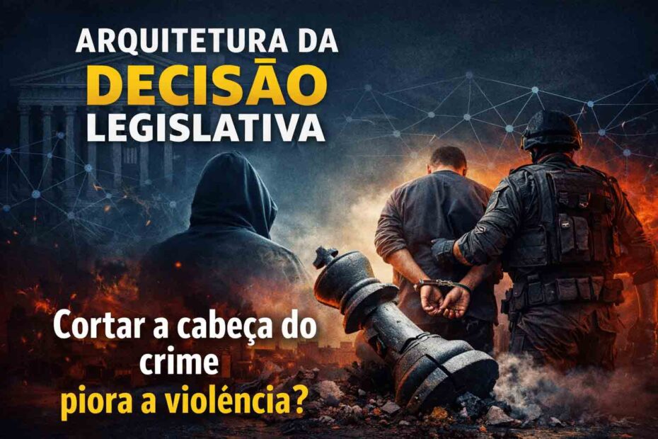 Imagem destacada de artigo sobre decisão legislativa mostrando prisão de suspeito, símbolo de liderança criminosa derrubada e efeitos sistêmicos da repressão.