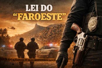 Imagem com estética de faroeste mostra operação policial em favela do Rio, simbolizando decisão sob pressão e efeitos complexos da Lei do “faroeste”.