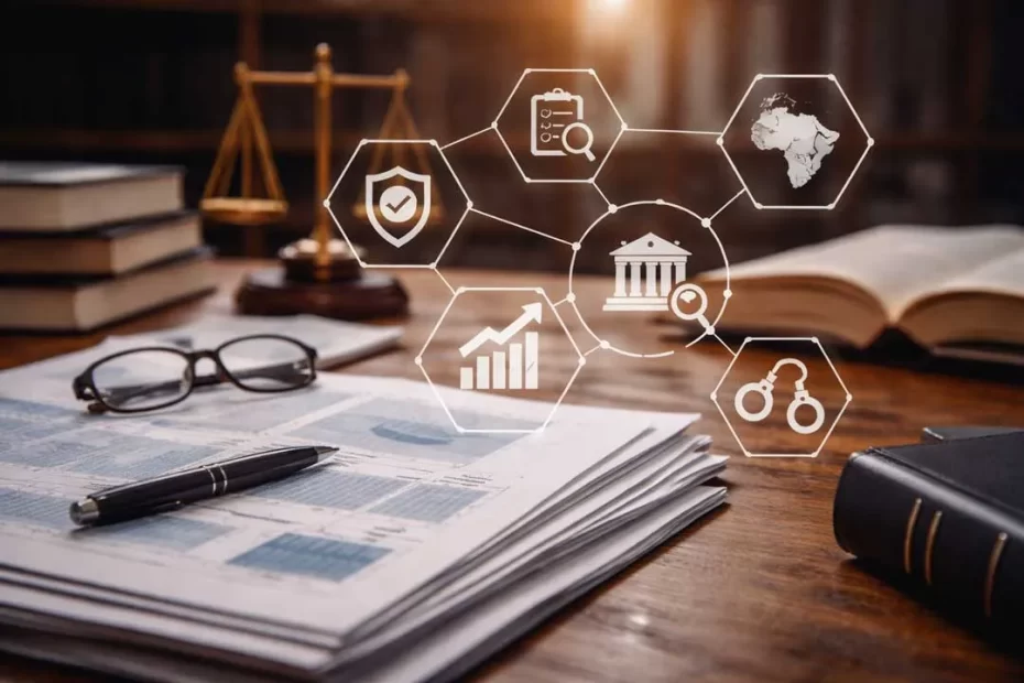 A imagem representa o observatório da legislação em segurança pública como espaço de leitura sistemática do campo normativo, onde normas, dados e decisões se conectam para revelar padrões e efeitos acumulados ao longo do tempo.