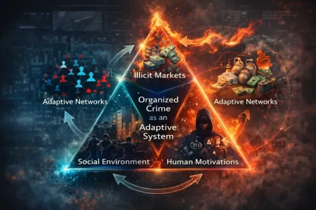 Conceptual illustration of organized crime as an adaptive system represented by a glowing tetrahedron connected to dynamic criminal networks and systemic feedback loops.