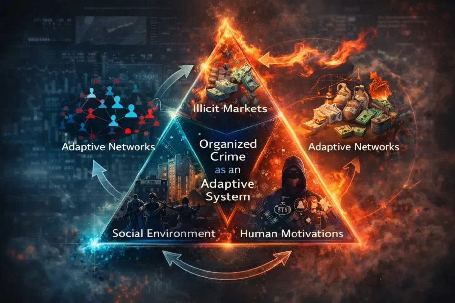 Conceptual illustration of organized crime as an adaptive system represented by a glowing tetrahedron connected to dynamic criminal networks and systemic feedback loops.