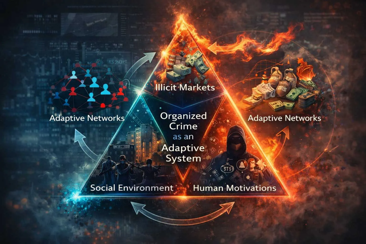 Conceptual illustration of organized crime as an adaptive system represented by a glowing tetrahedron connected to dynamic criminal networks and systemic feedback loops.
