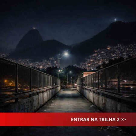 Paisagem urbana noturna representando violência sistêmica e crime organizado em territórios fragmentados.