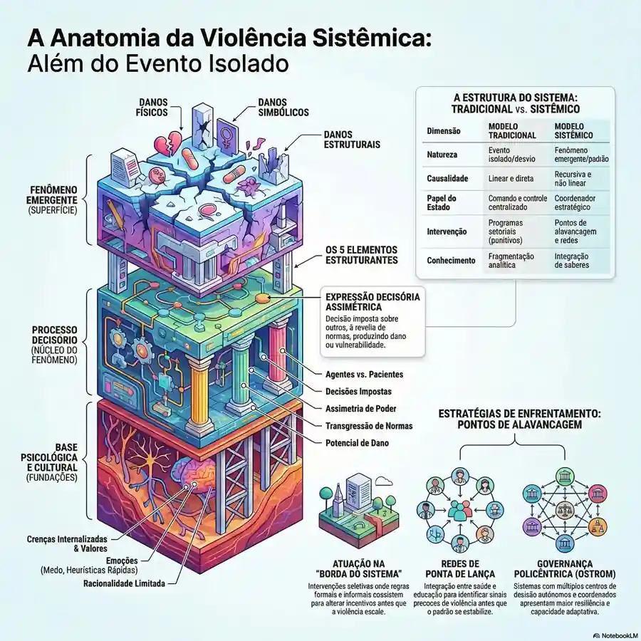 Infográfico mostrando a anatomia da violência sistêmica em sistemas sociais complexos, com camadas que conectam base psicológica, processos decisórios e danos estruturais.