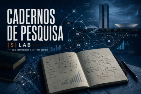 Imagem destacada dos Cadernos de Pesquisa [S] Lab com caderno aberto, diagramas sobre leis, instituições, políticas públicas e sistemas sociais, em composição editorial azul 3:2.