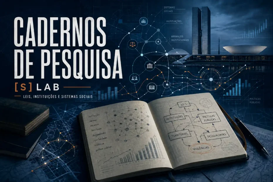 Imagem destacada dos Cadernos de Pesquisa [S] Lab com caderno aberto, diagramas sobre leis, instituições, políticas públicas e sistemas sociais, em composição editorial azul 3:2.