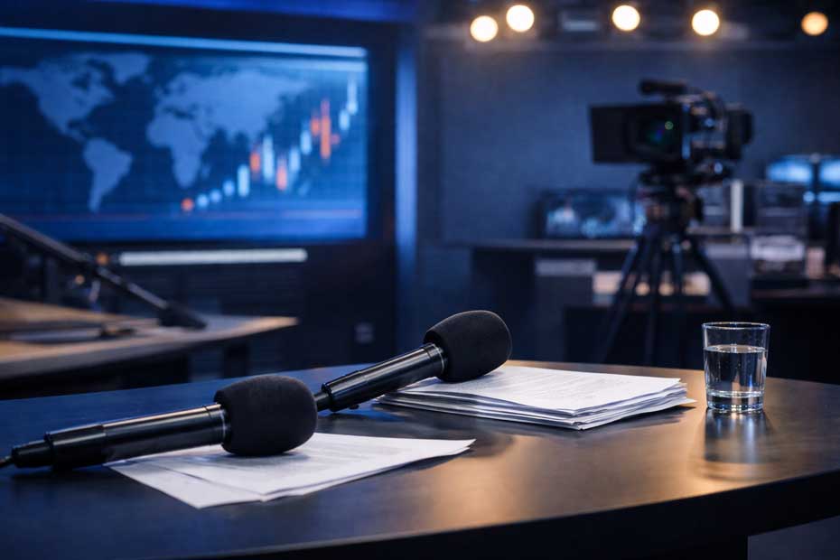 IBRALC na mídia representado por estúdio de entrevistas com microfones e câmeras durante debate sobre violência e arquitetura legislativa