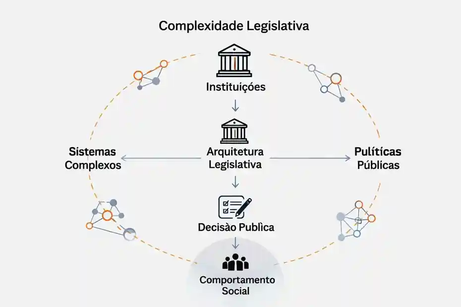 diagrama minimalista mostrando relações entre arquitetura legislativa, decisão pública e sistemas complexos no S-Lab