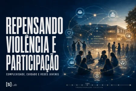 Imagem destacada sobre violência, participação juvenil e redes de cuidado, com jovens conectados por uma rede sistêmica diante de uma escola.