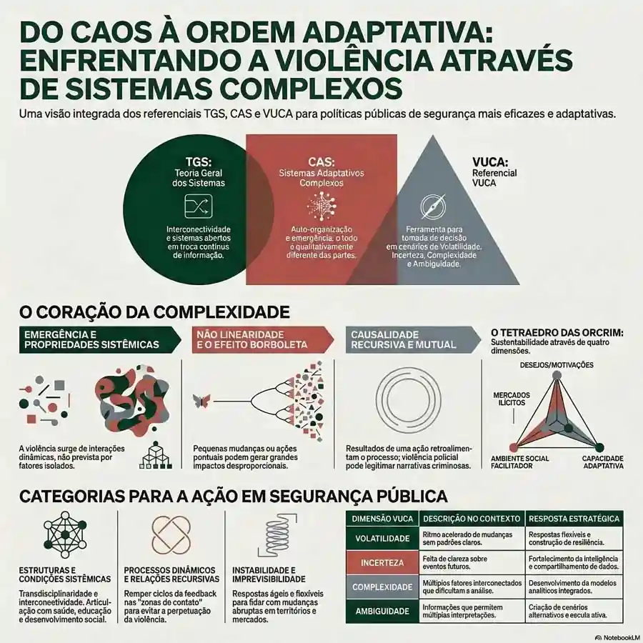 Infográfico sobre sistemas complexos e violência explicando TGS, sistemas adaptativos complexos, VUCA e implicações para segurança pública