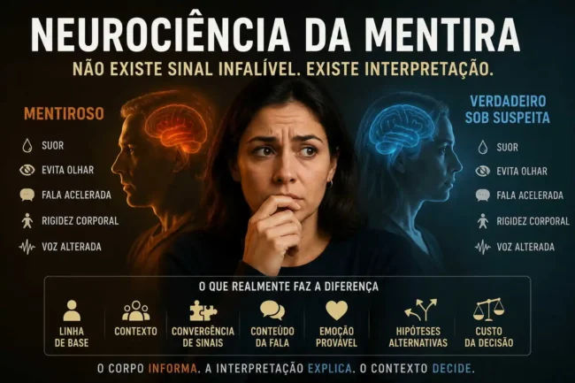 Sinais corporais podem parecer iguais em quem mente e em quem diz a verdade sob suspeita. O contexto decide o peso da interpretação.