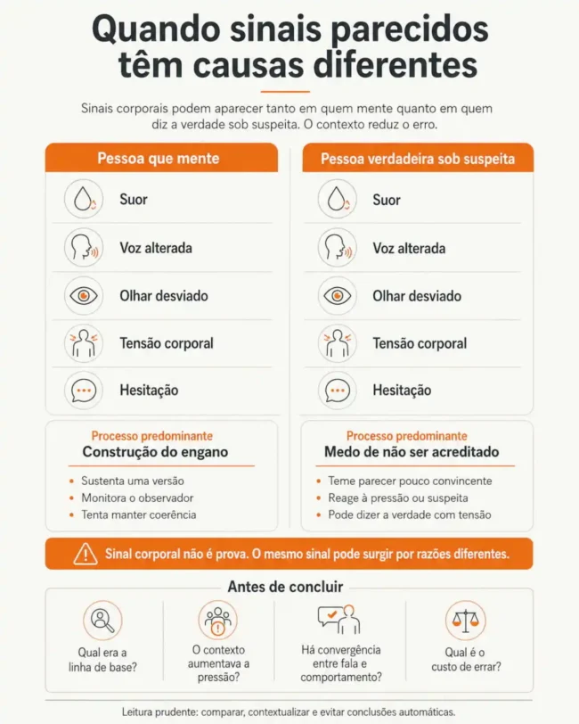 Sinal corporal não é prova. O mesmo suor, a mesma hesitação e o mesmo olhar desviado podem ter causas diferentes.