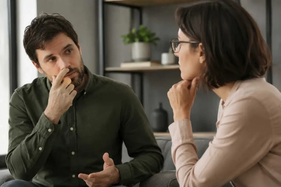 Imagem editorial mostra conversa cotidiana entre duas pessoas para ilustrar a ideia de que gestos isolados não provam mentira e exigem análise contextual.