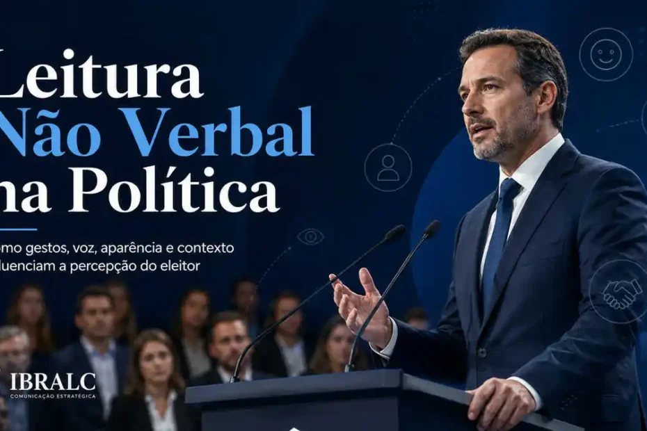 Imagem destacada sobre leitura não verbal na política, com orador em púlpito, gestos, audiência e sinais visuais de voz, expressão e percepção do eleitor.