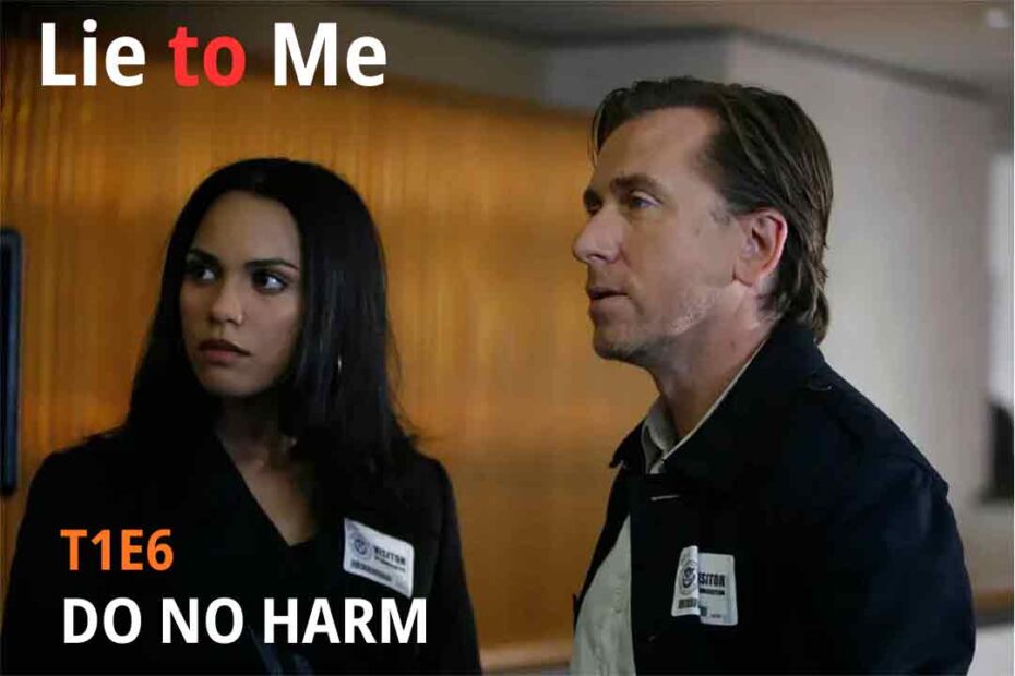 Cena do episódio 6 da série Lie to Me com Lightman analisando suspeitos durante investigação criminal