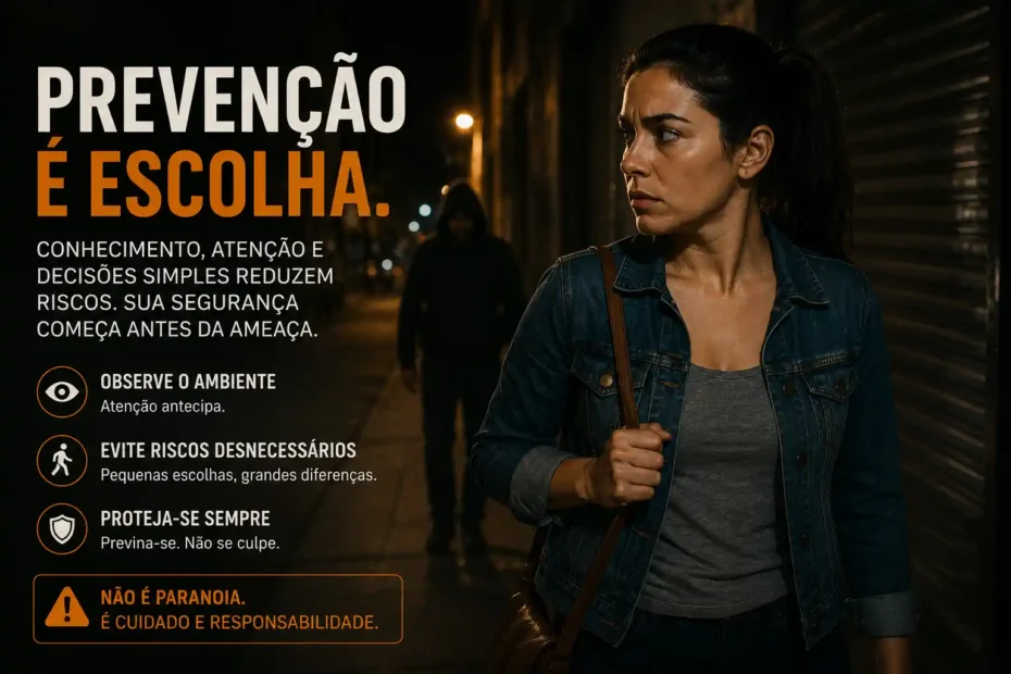 Mulher caminhando à noite em avenida urbana iluminada, atenta ao ambiente, em imagem sobre prevenção contra estupro e segurança pessoal.