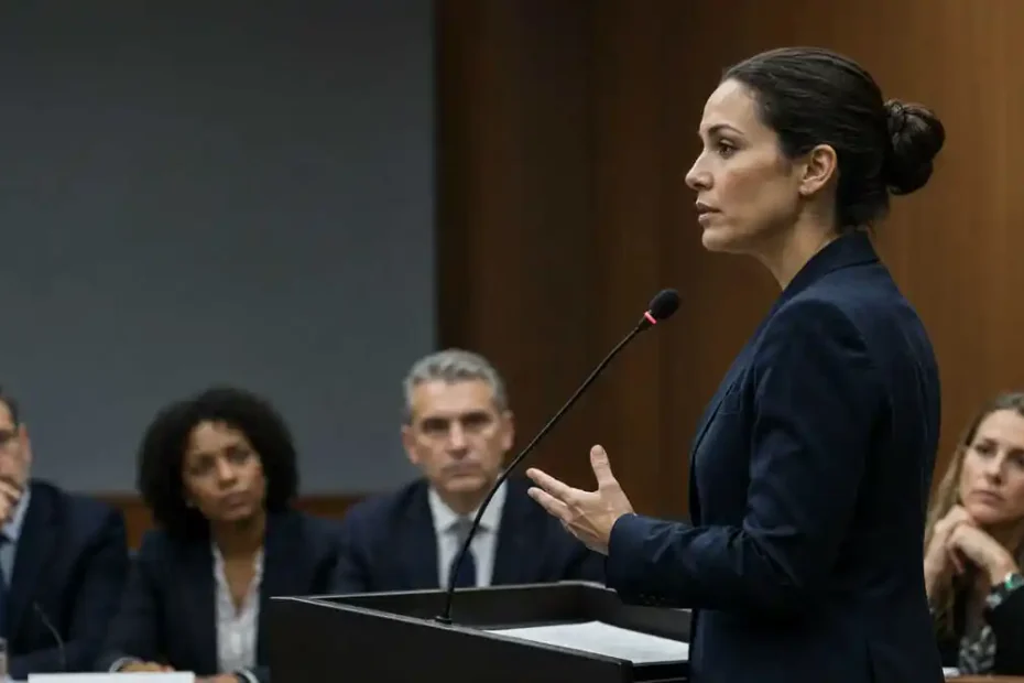Pessoa fala em ambiente institucional enquanto observadores acompanham sua postura, expressão e gestos, em cena sobre linguagem corporal e credibilidade.