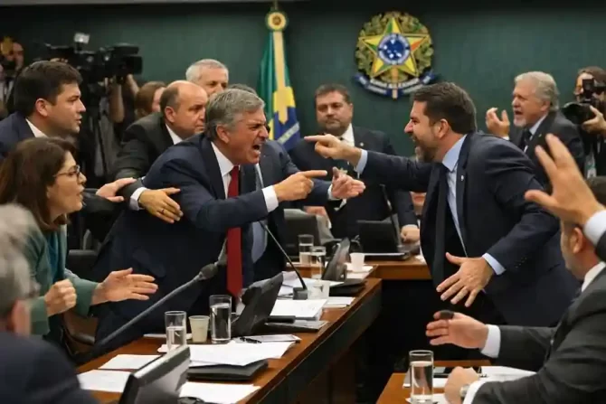 Linguagem corporal em debate acalorado na comissão da Câmara dos Deputados em Brasília evidenciando comunicação não verbal e percepção de incongruência