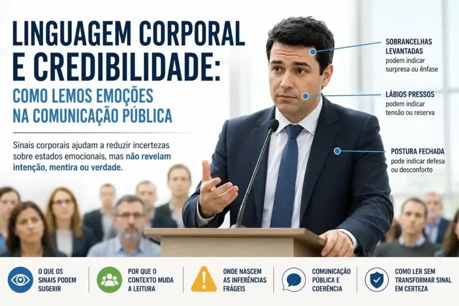 Imagem destacada sobre linguagem corporal e credibilidade, mostrando uma pessoa falando em público com sinais corporais analisados em contexto.