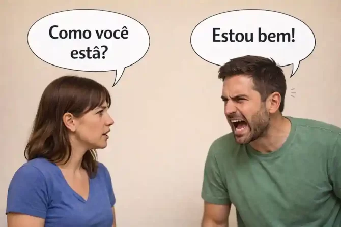Linguagem corporal mostrando inconsistência comunicacional quando homem diz que está bem com expressão de raiva evidenciando comunicação não verbal e inferência emocional